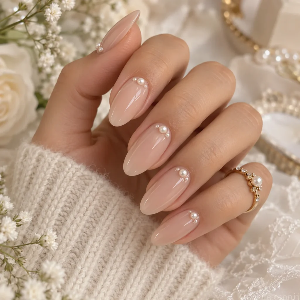 Nude Manicure with Tiny Pearls