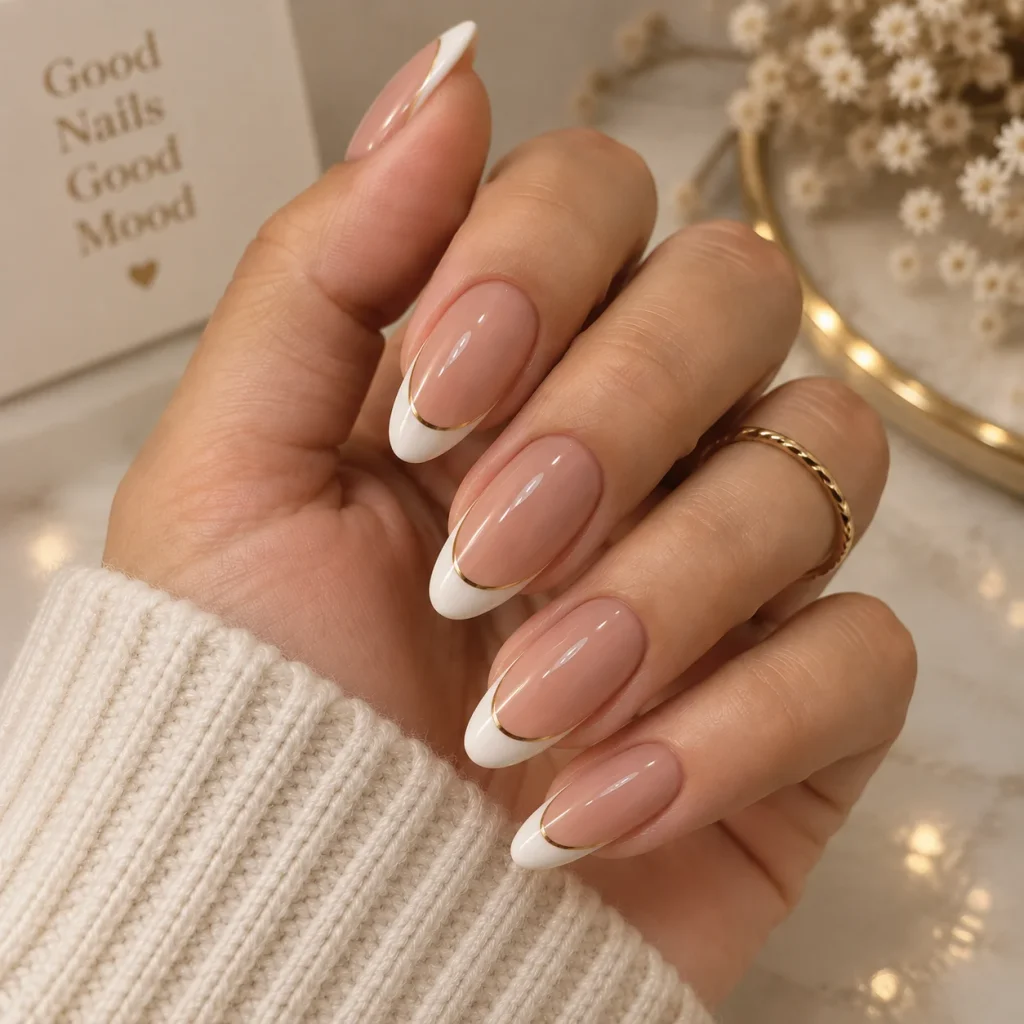 Nude Nails with a Thin Gold Line