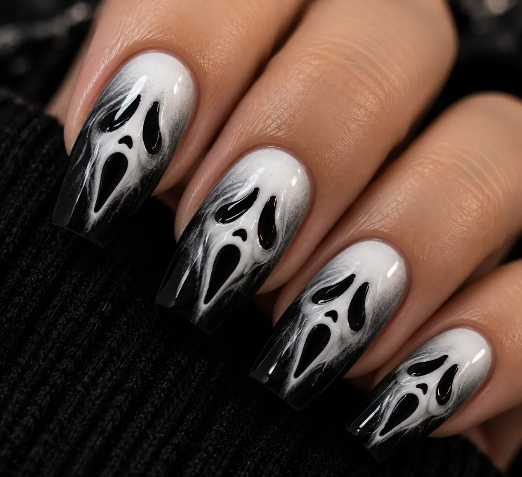 Ombre Black to White Ghost Face Nails