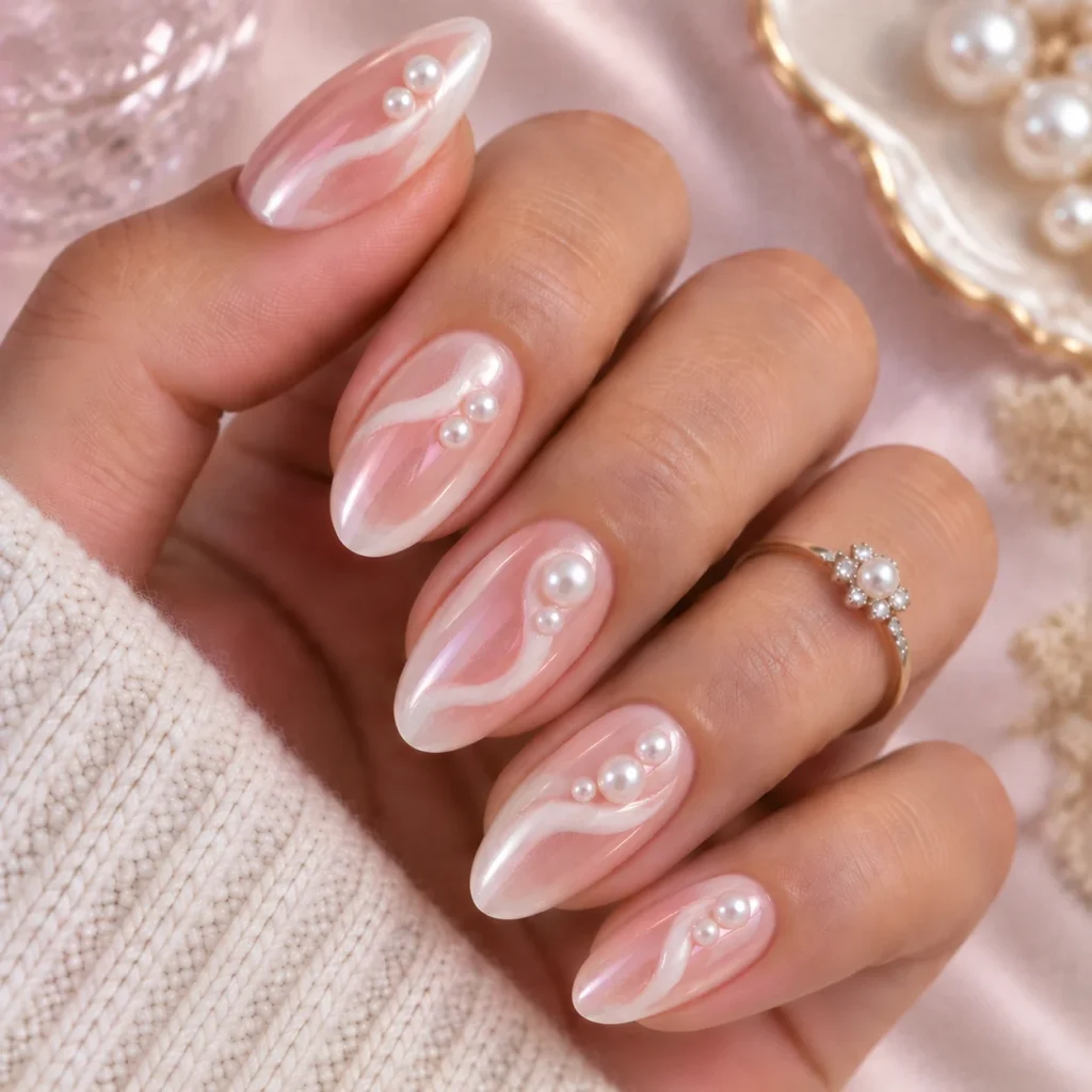 Pearl and Blush Swirl Nails