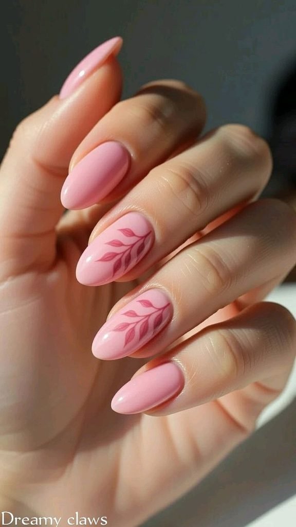 Pink Fall Nails With Tiny Leaf Accents