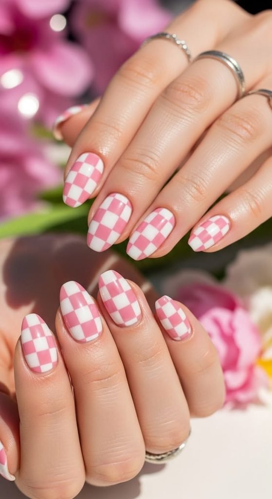Pink and Cream Checkerboard fall nails