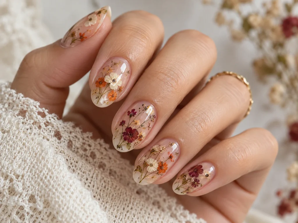 Pressed Flower Thanksgiving Nails
