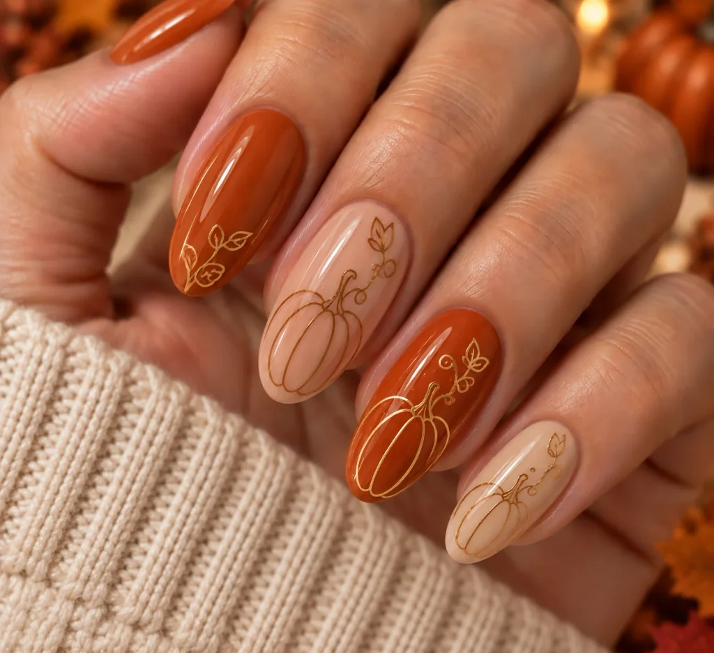 Pumpkin Line Art Nails