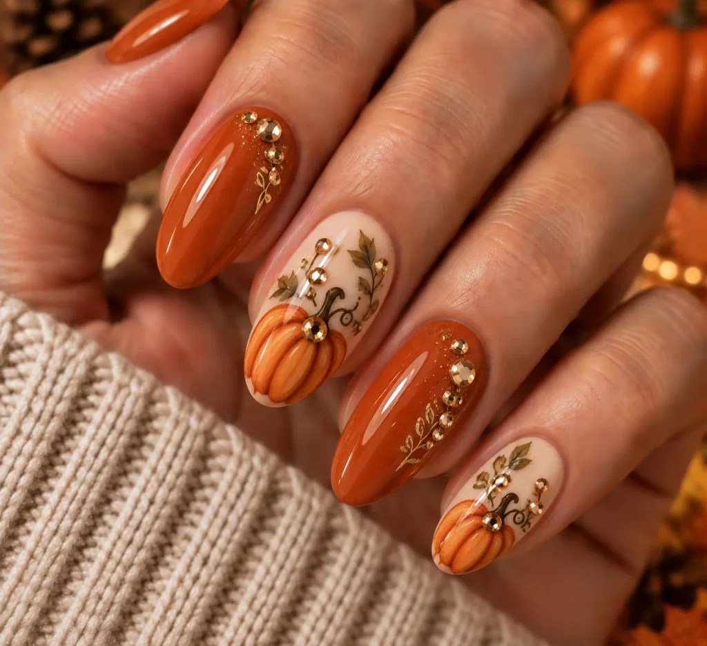 Pumpkin Nails With Rhinestones