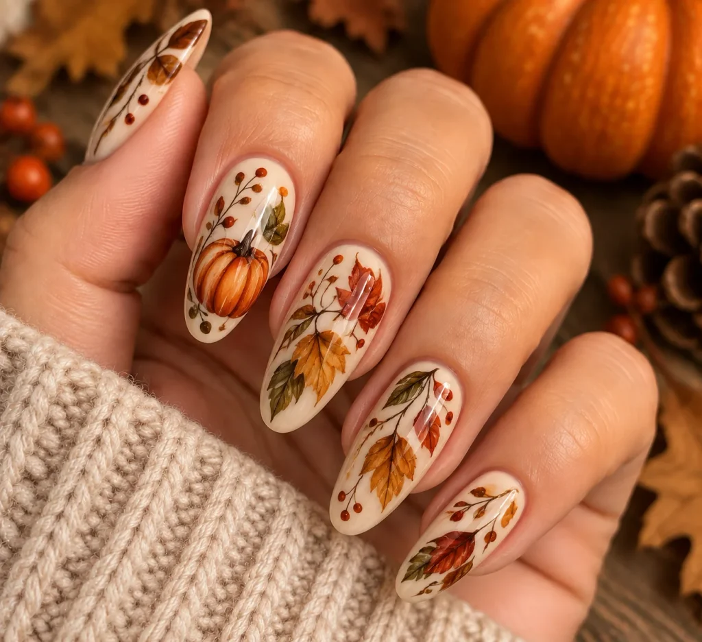 Pumpkin and Leaf Nail Art