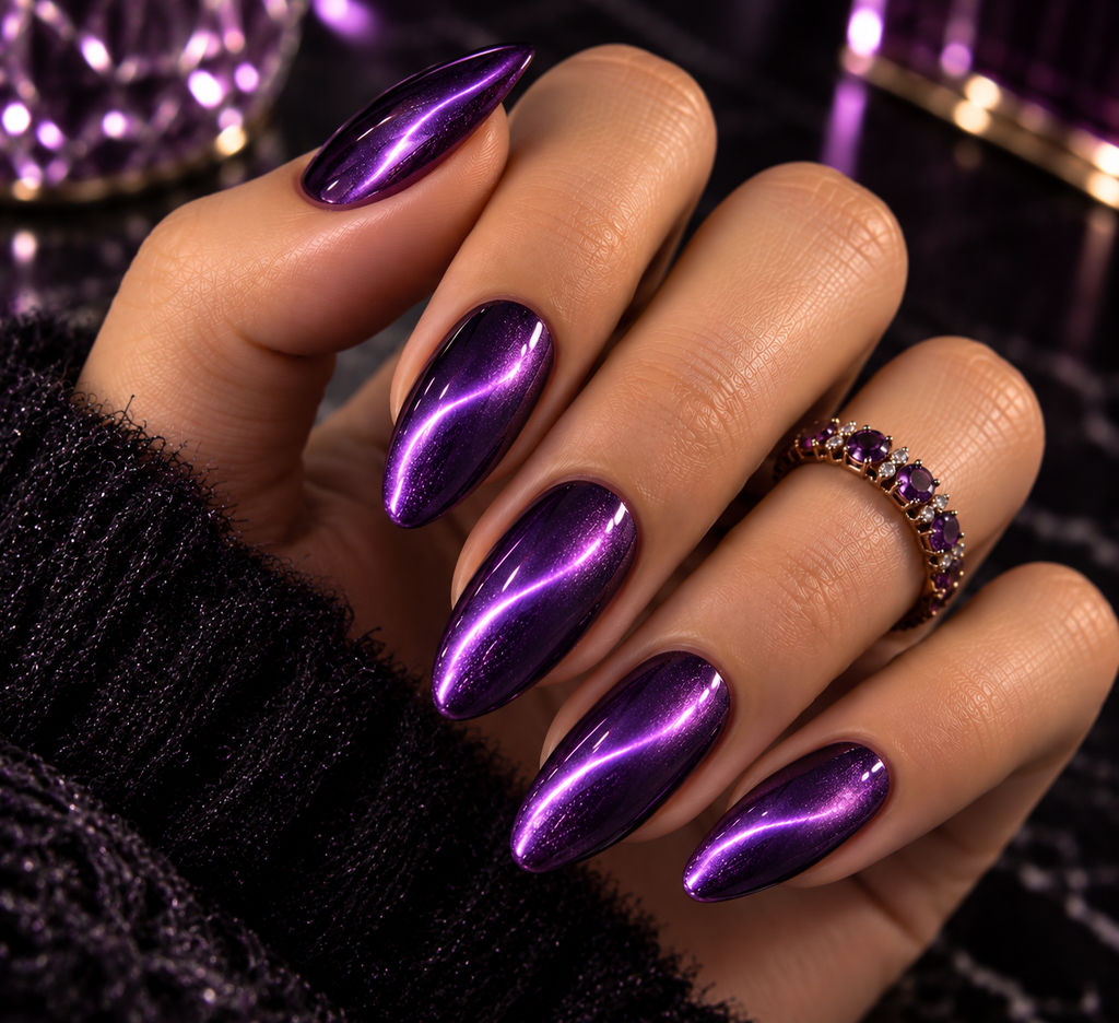 Purple Cat Eye Chrome Nails