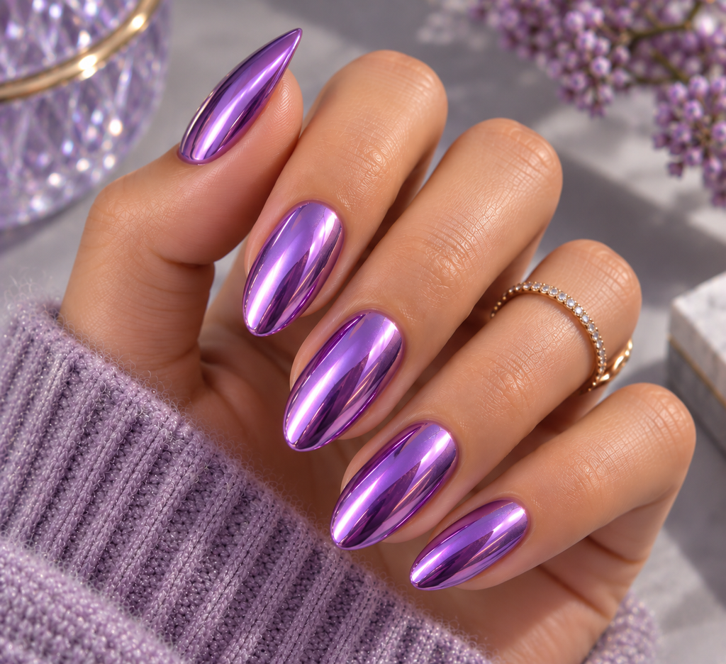Purple Chrome Almond Nails