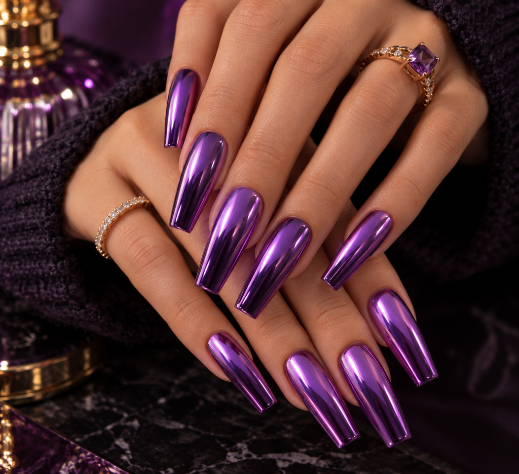 Purple Chrome Coffin Nails