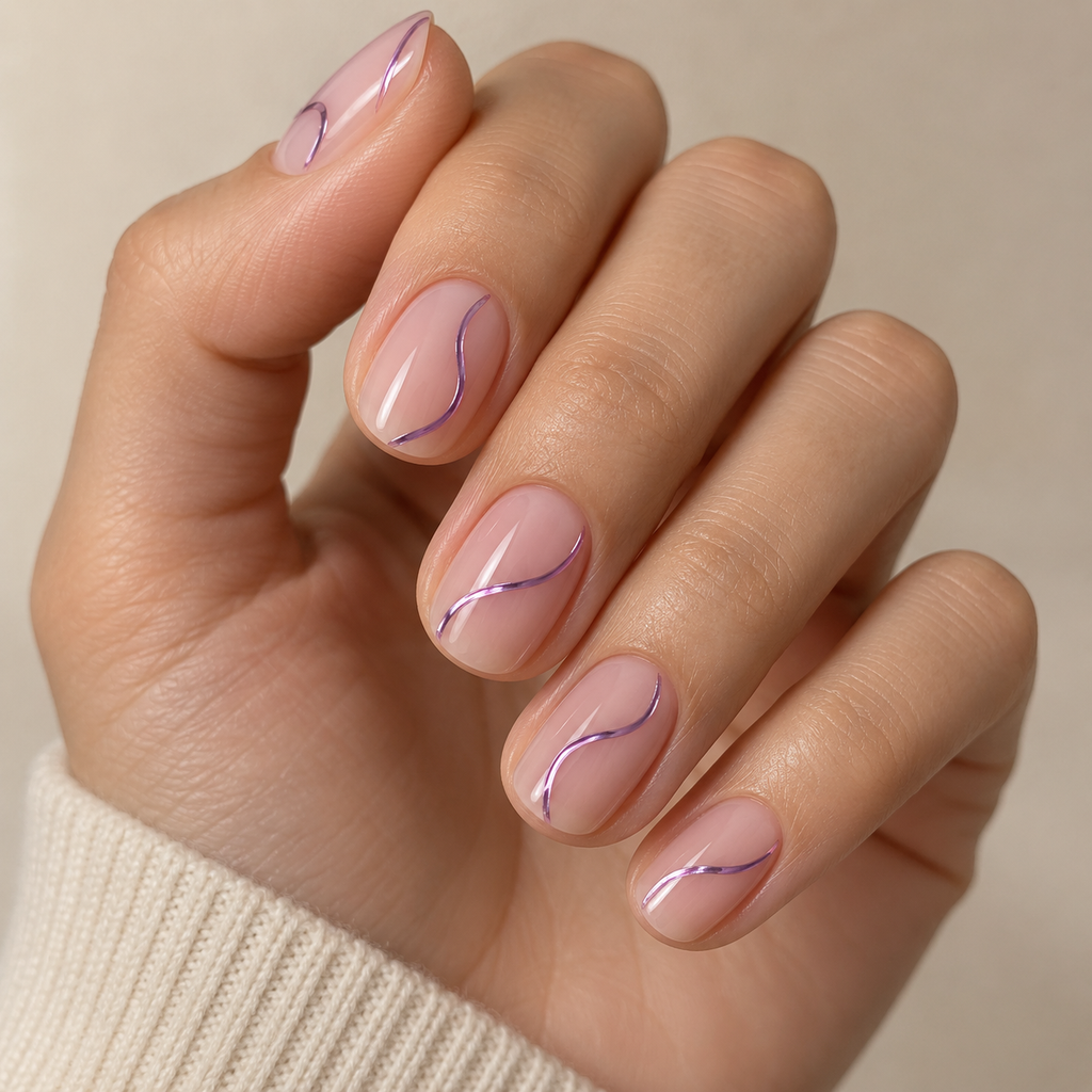 Purple Chrome Line Art Nails