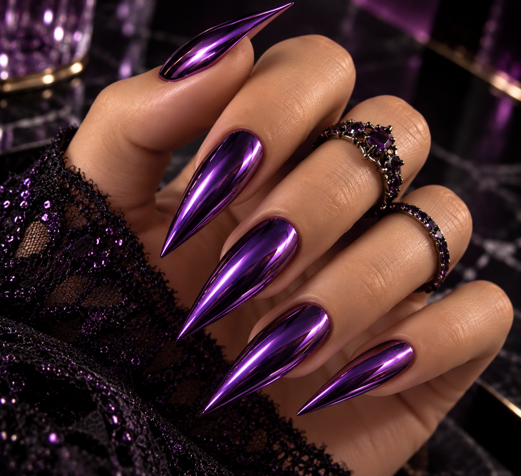  Purple Chrome Stiletto Nails