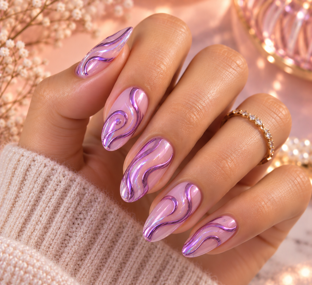 Purple Chrome Swirl Nails