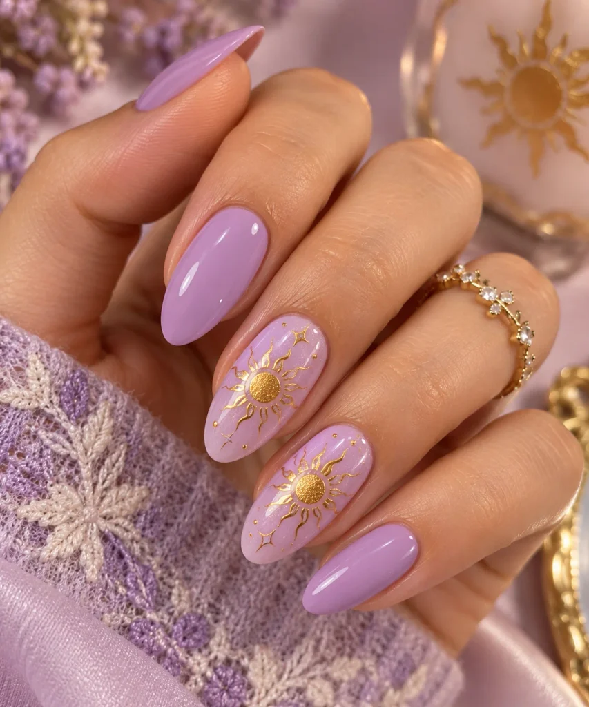 Rapunzel Nails With Golden Sun Accents