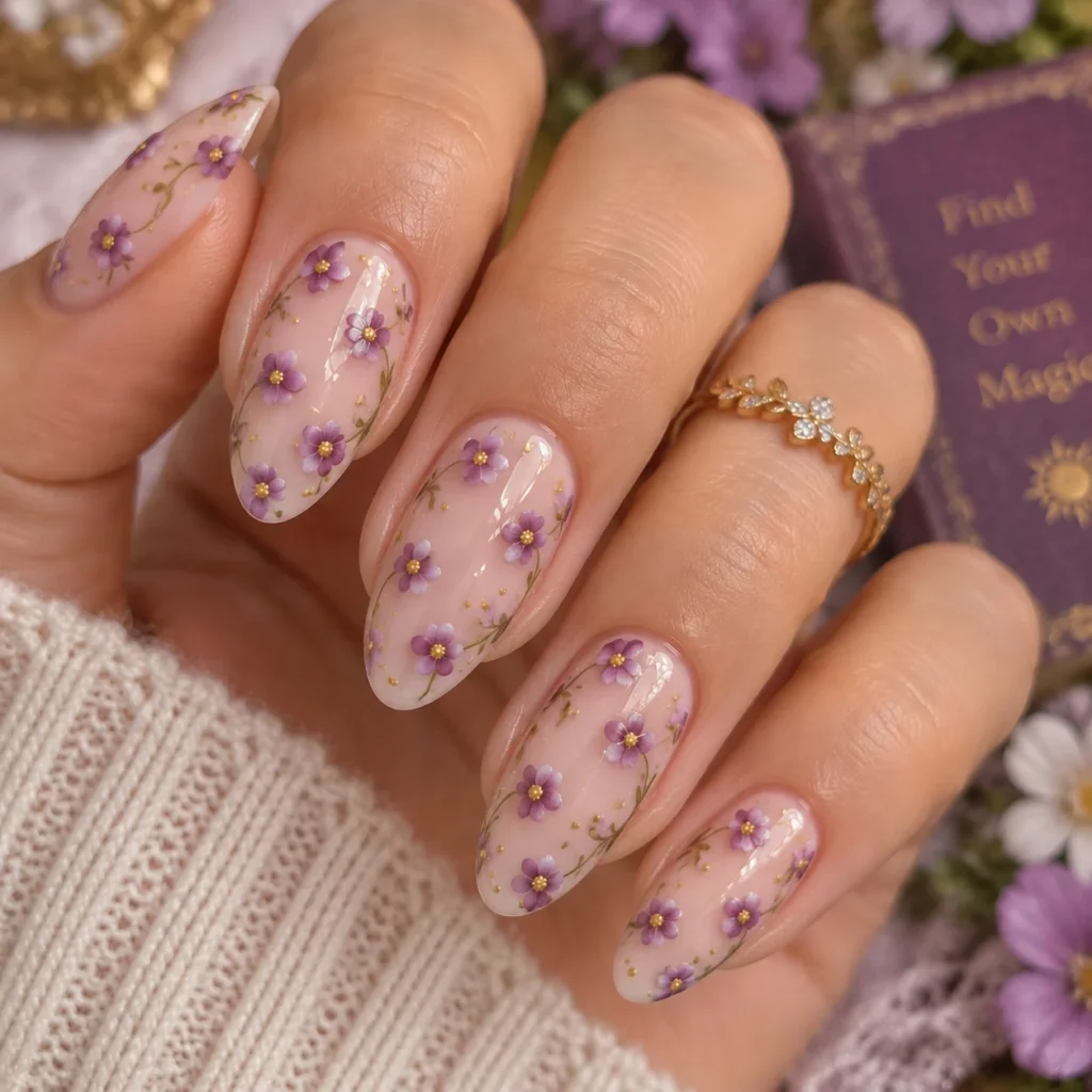 Rapunzel With Tiny Purple Flowers Nails