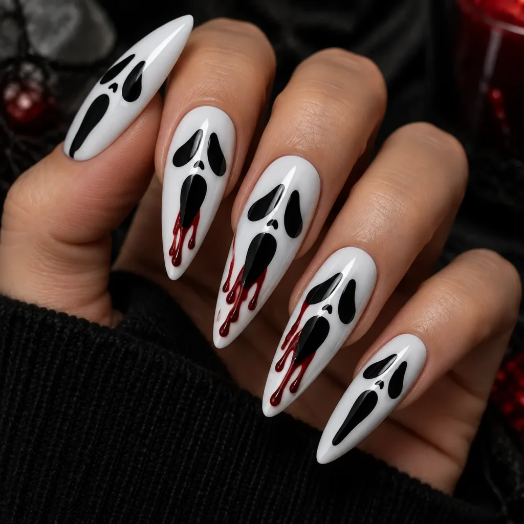 Red Drip Accent Ghost Face Nails