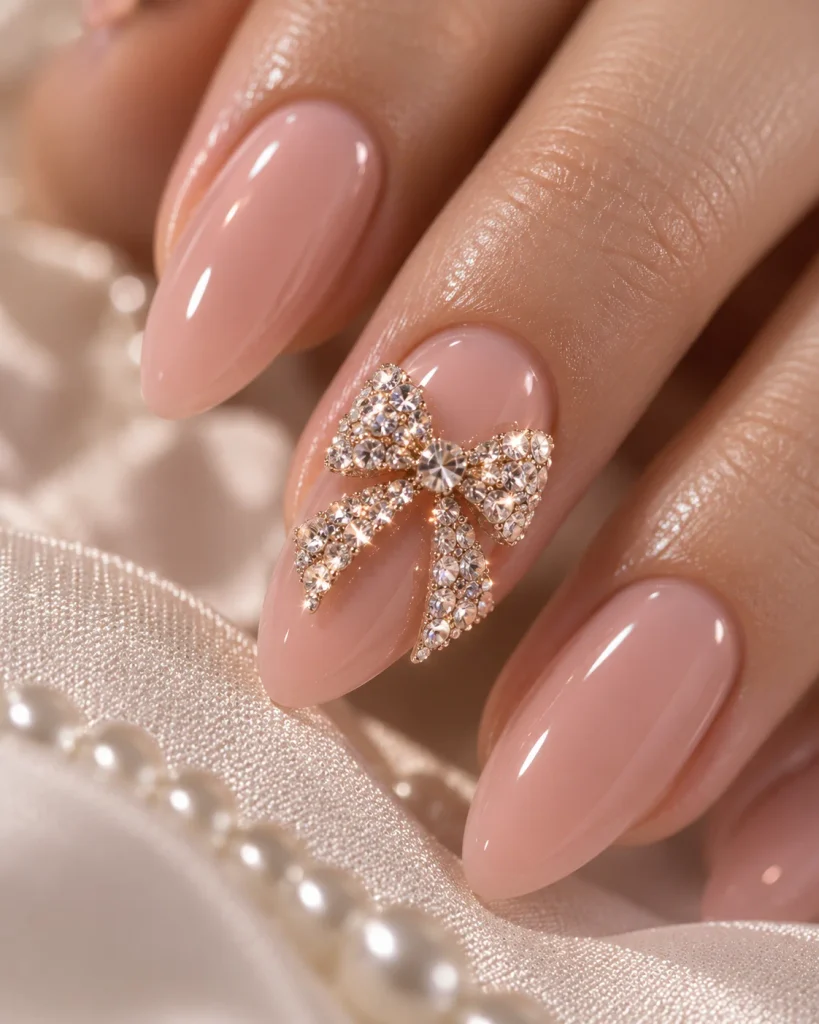 Rhinestone Bow Coquette Nails
