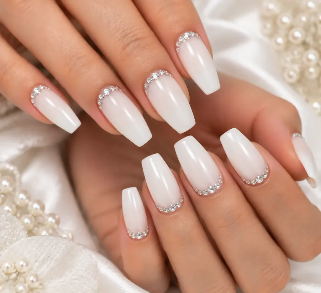 Rhinestone Cuticle White Nails