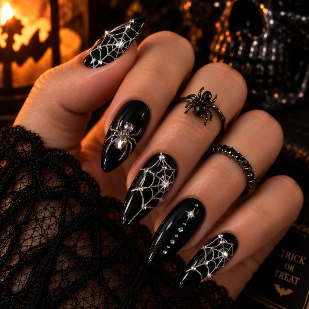 Rhinestone Spiderweb Halloween Nails