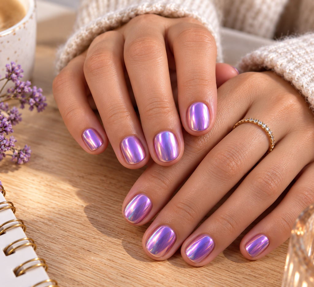 Short Purple Chrome Nails