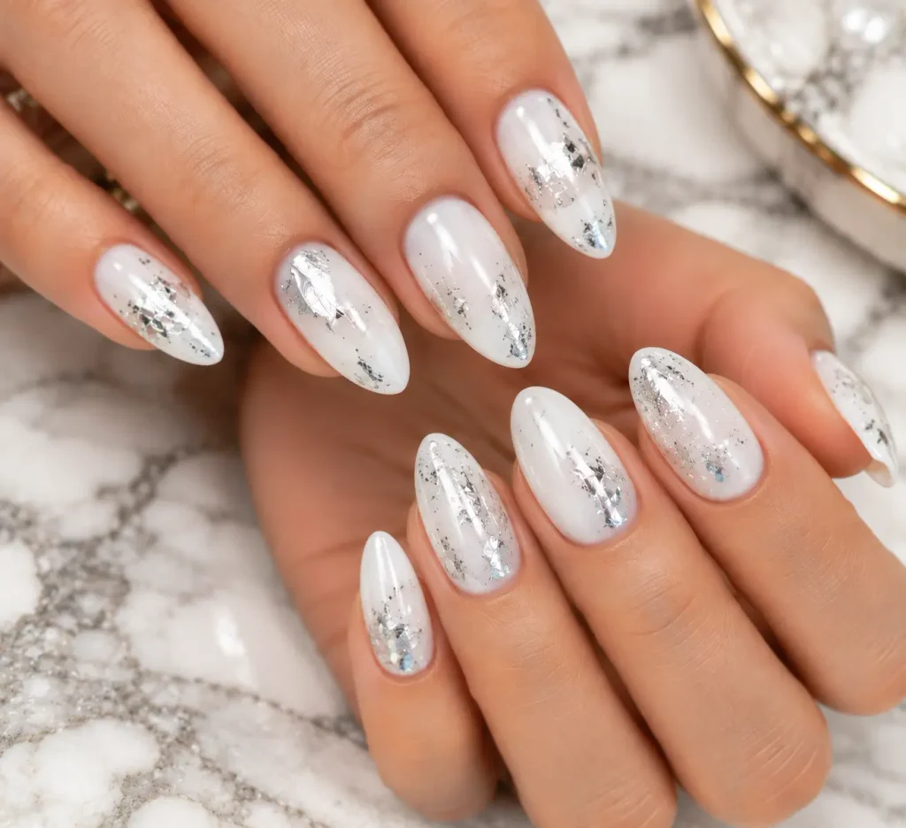 Silver Foil White Hoco Nails