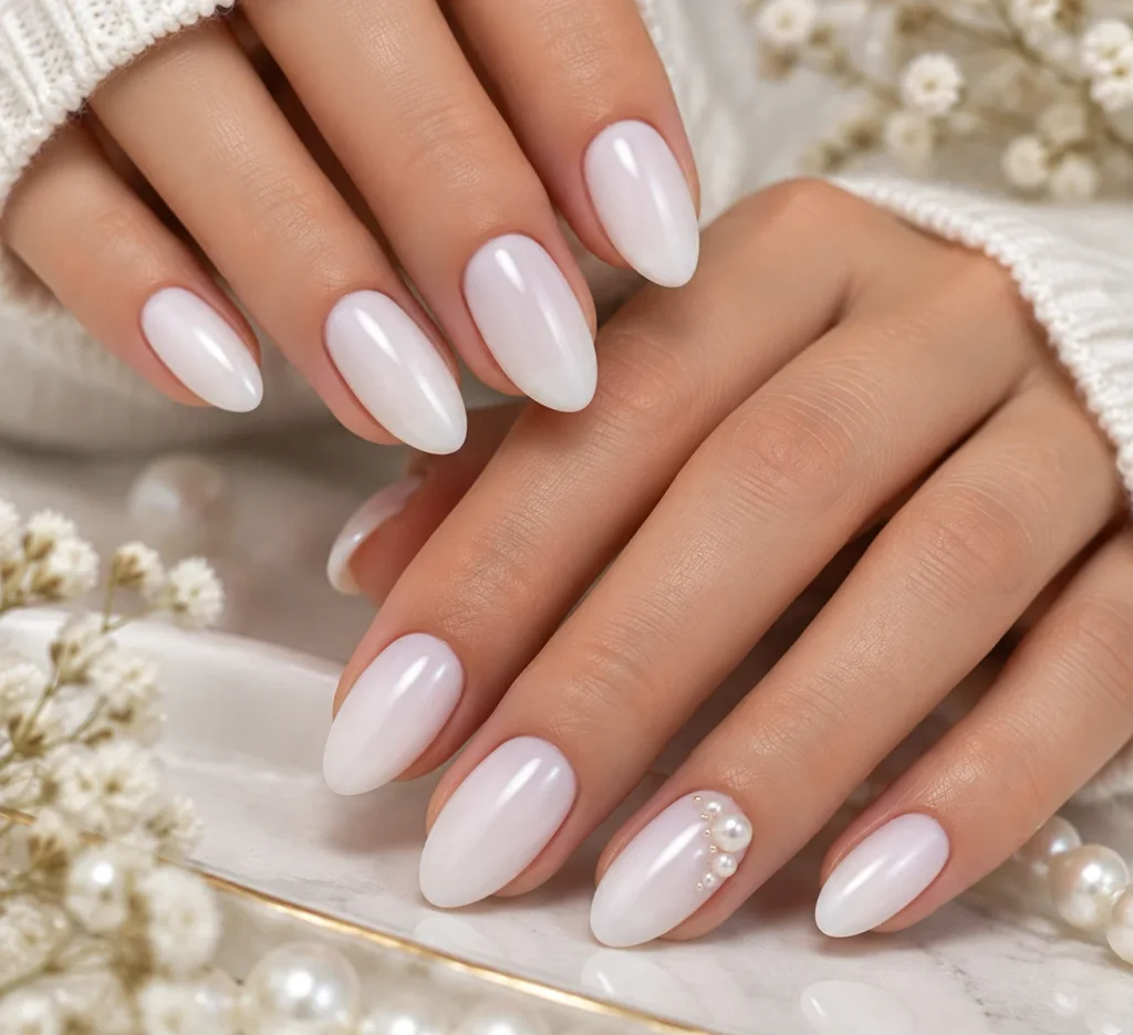 White Hoco Nails With a Single Accent Nail