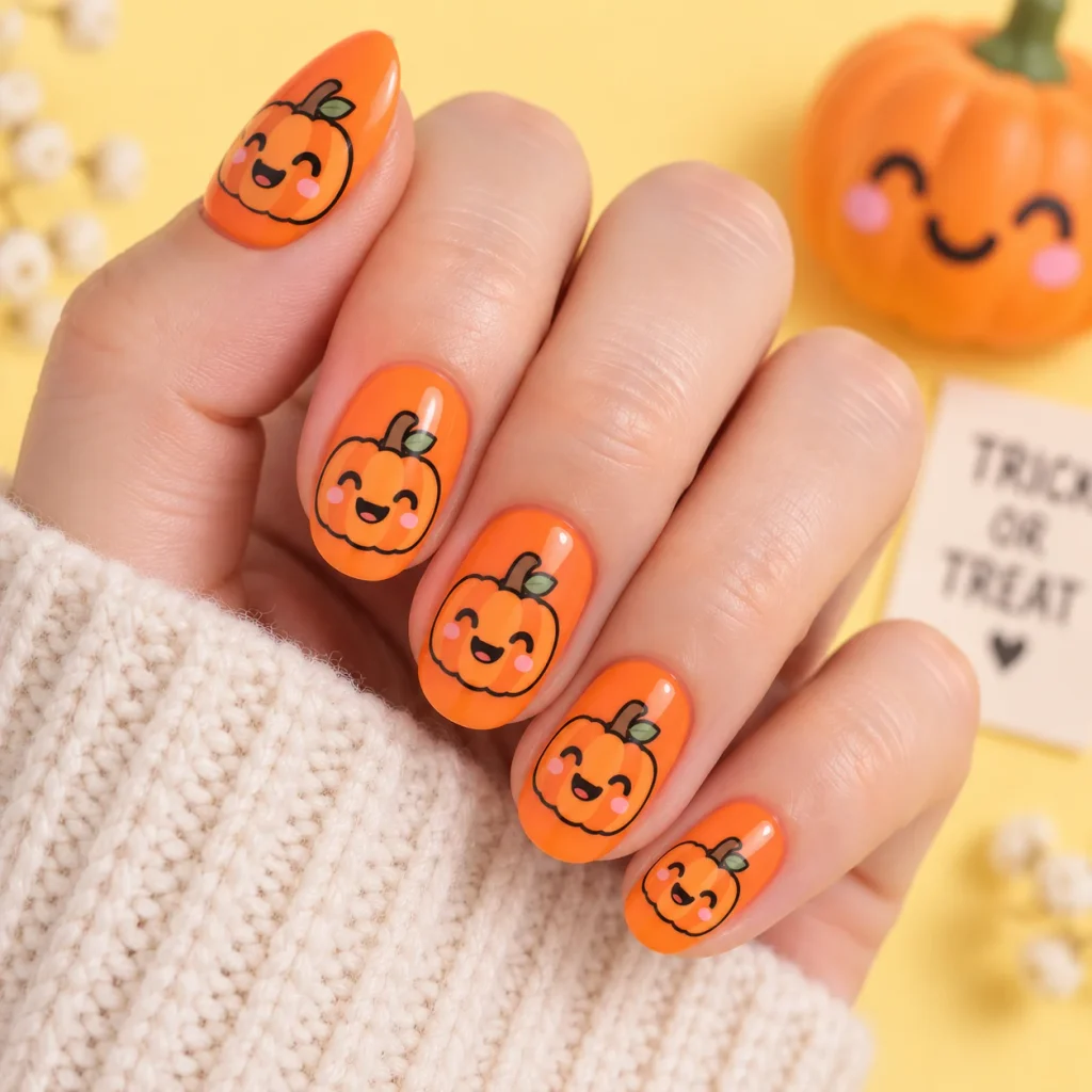 Smiling Pumpkin Halloween Nails