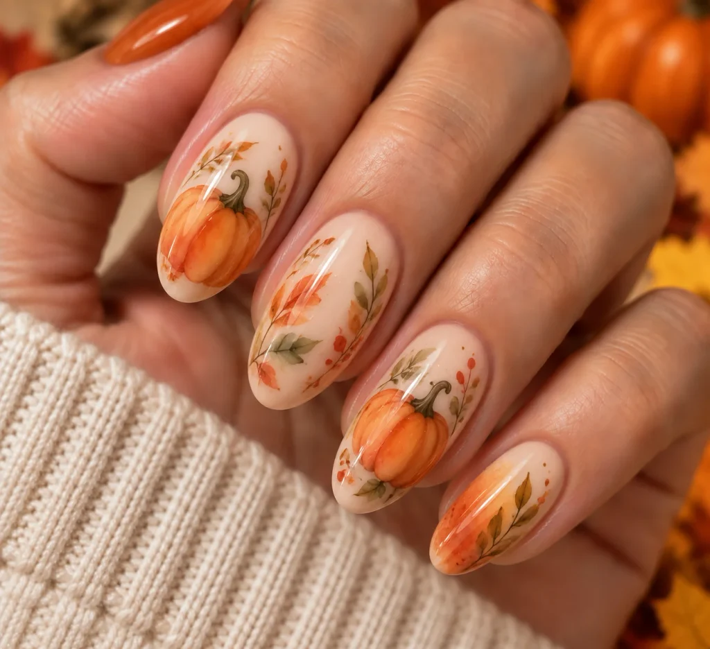 Watercolor Pumpkin Nails