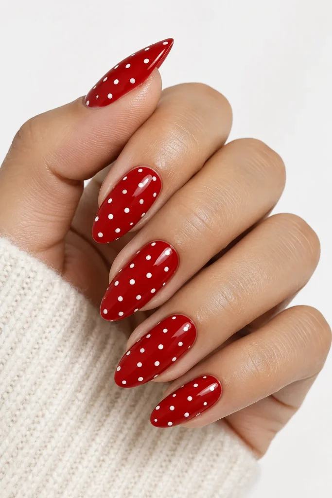 White polka Dot nails on Red Base
