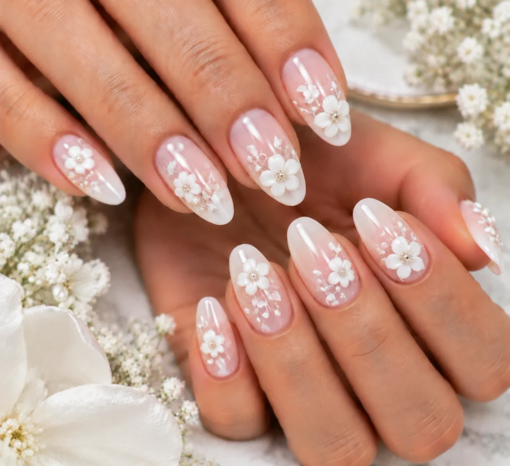 White Floral Hoco Nails