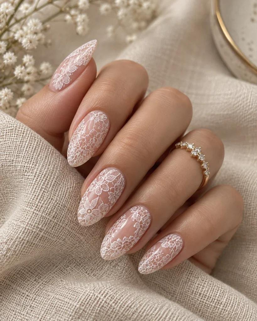  White Lace on Nude Base
lace nails