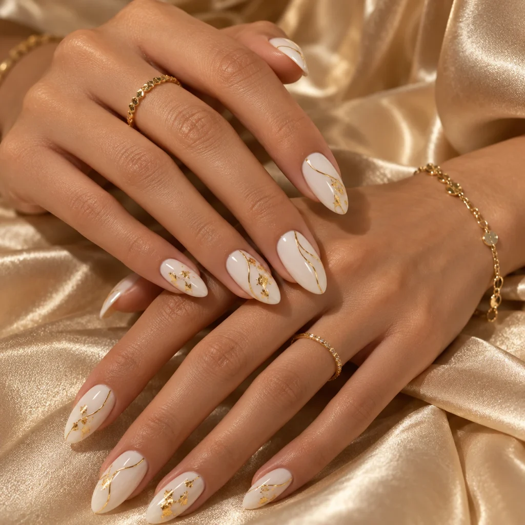 White and Gold Hoco Nails