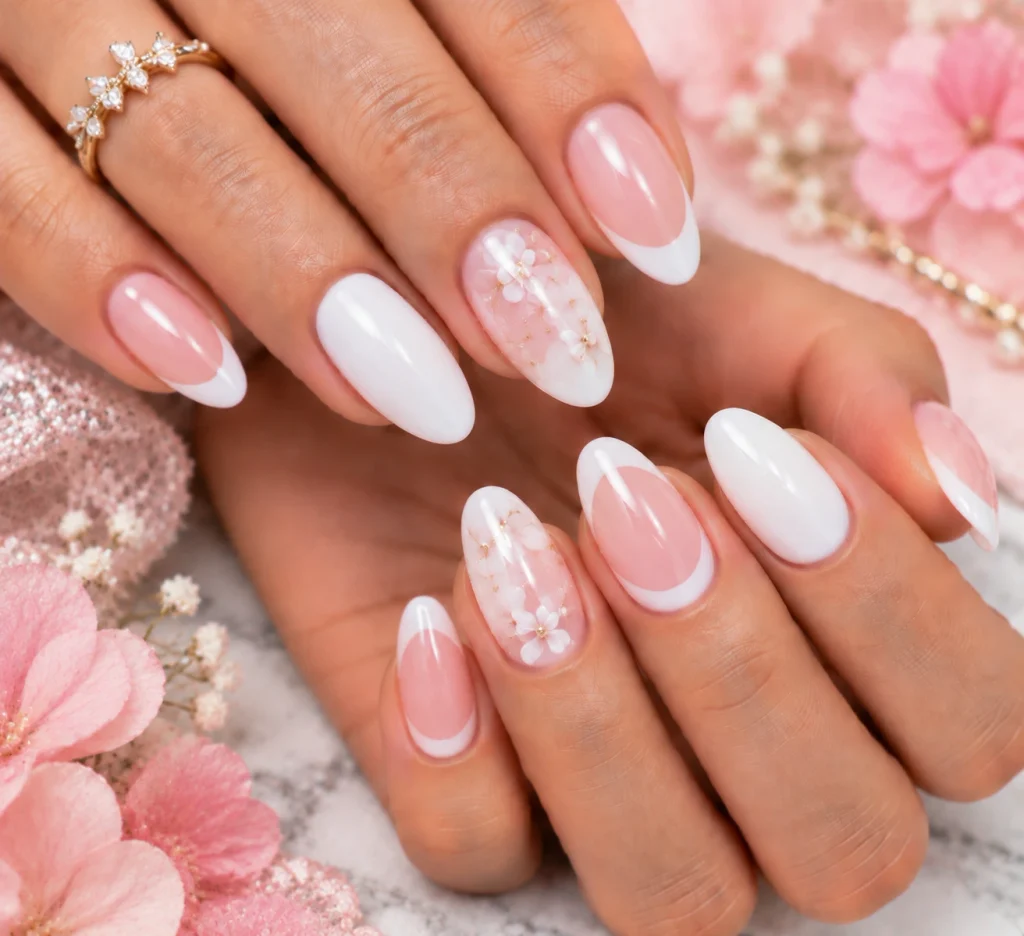 White and Pink Hoco Nails