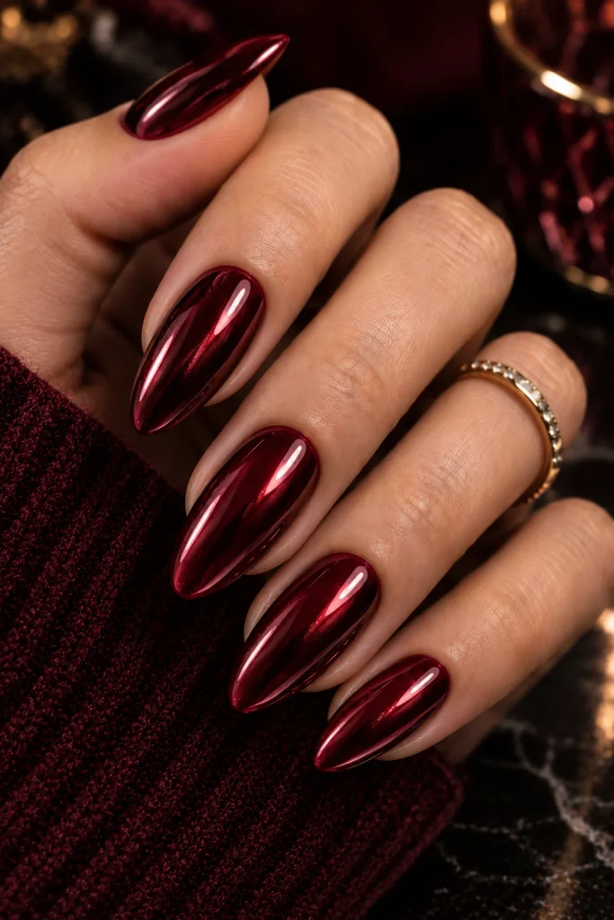 Wine Red Chrome Almond Nails