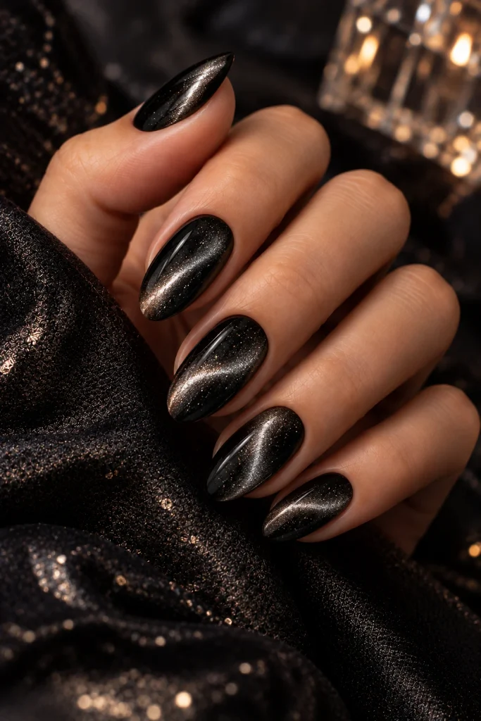 Black Cat Eye Nails with Silver Shimmer