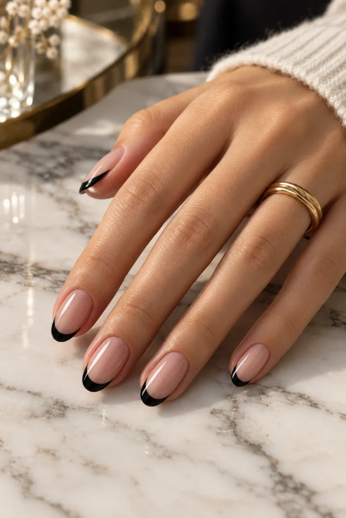 Black French Tips on Nude Nails