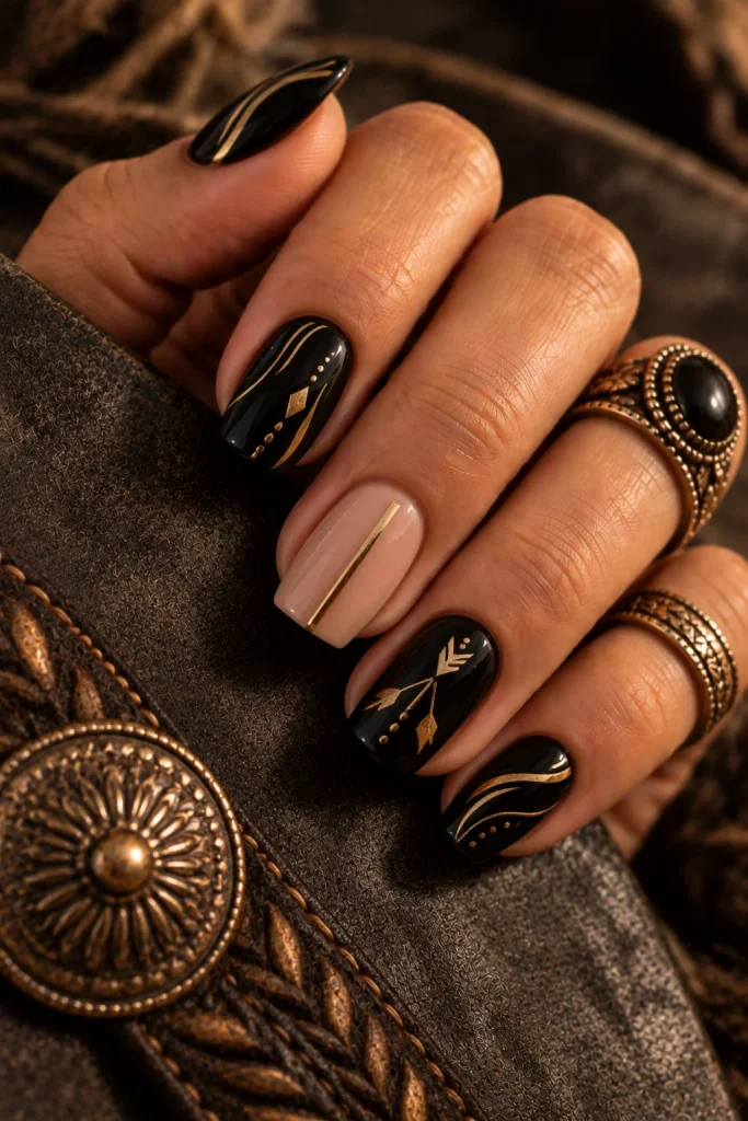  Black and Gold Line Art Nails