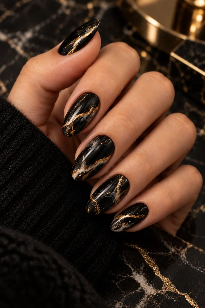 Black and Gold Marble Nails