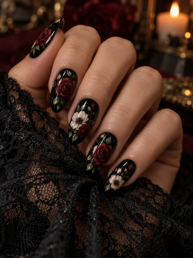 Dark Floral Hand-Painted Nails