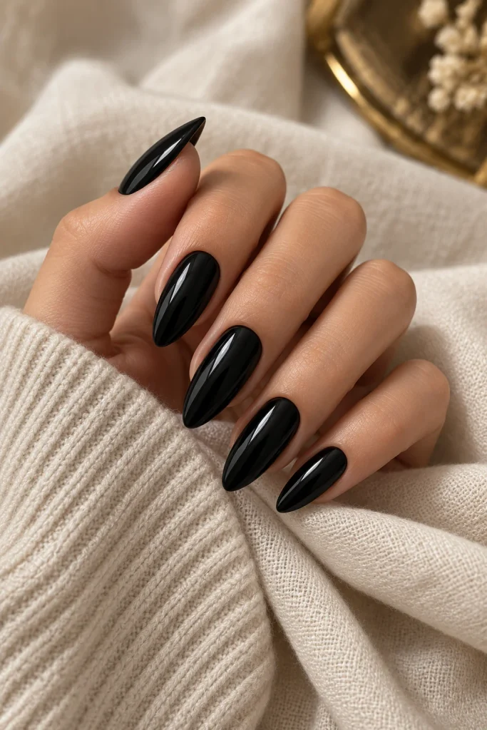 Glossy Black Almond Nails