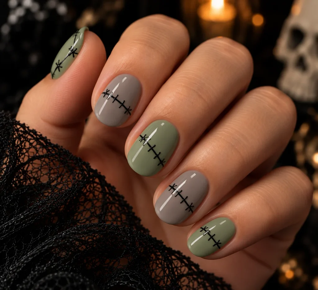 Tiny Stitched Seams Unique Halloween Nails