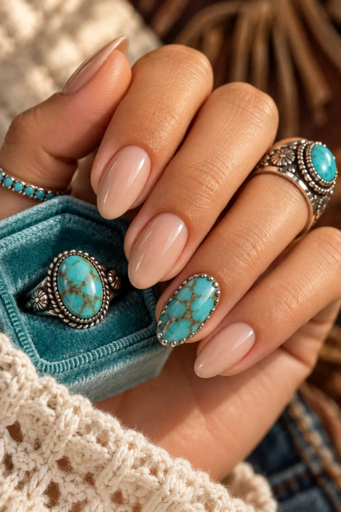 Turquoise Stone Accent Nails